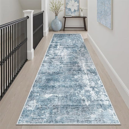 Soalmost Washable Runner Rug, 2'6" x 8' Non-Slip Kitchen Vintage Foldable Hallway Runners for Entryway, Laundry, Bedroom, Blue