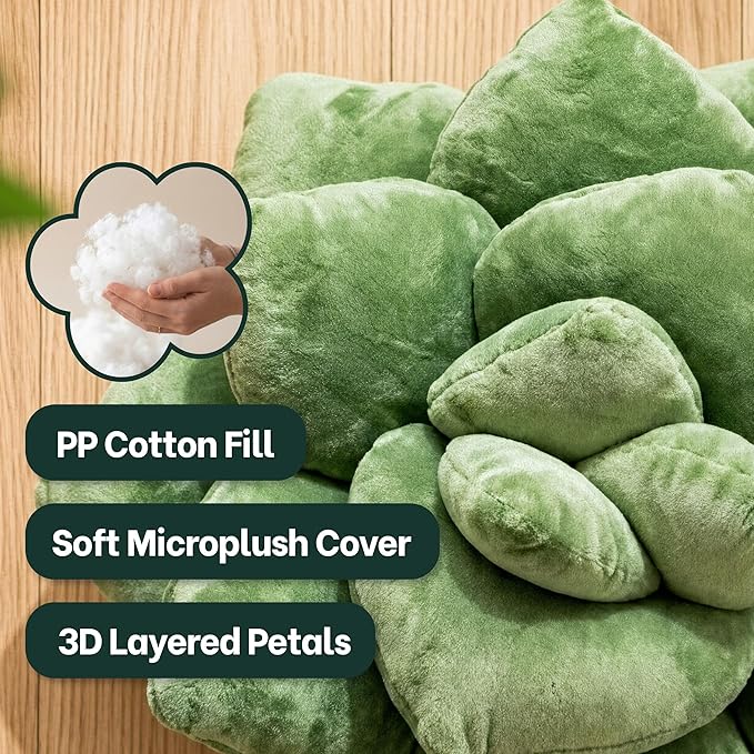 Green Philosophy Co. Succulent® Pillow 16" – Soft 3D Decorative Flower Throw Pillow, Unique Olive Green Plush Flower Cushion, Perfect for Couch, Sofa, Bedroom Decor, Gift for Plant Lovers