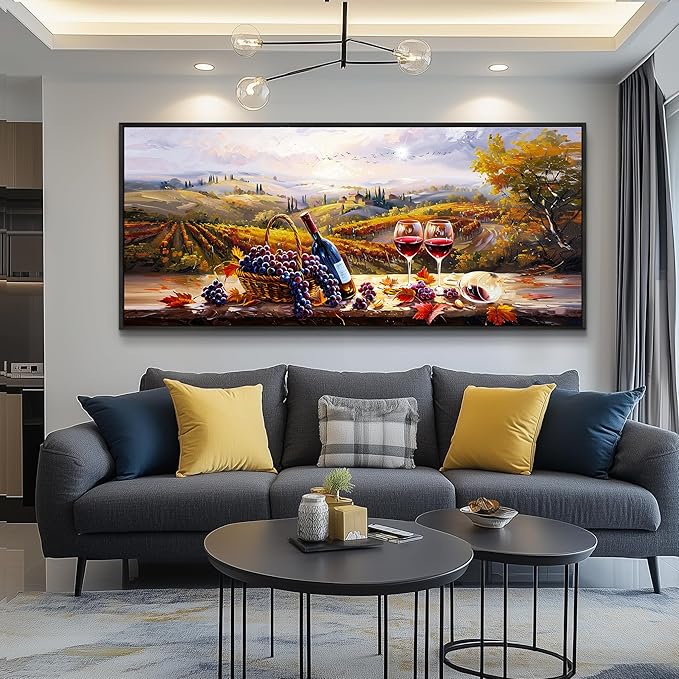 hyidecorart Large Framed Wall Art,Wine Farm View Kitchen Art Prints, French Country Still Life Picture, Fruit Harvest Art Prints, Rustic Dining Room Wall Decor, Restaurant Home Bar Decoration 32x72 In