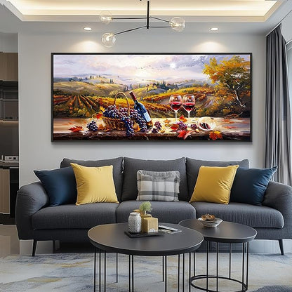 hyidecorart Large Framed Wall Art,Wine Farm View Kitchen Art Prints, French Country Still Life Picture, Fruit Harvest Art Prints, Rustic Dining Room Wall Decor, Restaurant Home Bar Decoration 32x72 In
