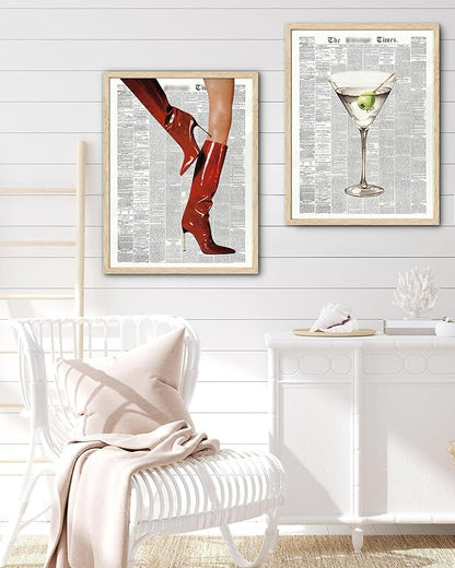 EcoHest Trendy Newspaper Martini Framed Wall Art, 16x20 in Large OAK Wood Retro Bar Cart Canvas Art, Magazine Aesthetic Apartment Art, Beige Logs Funky 70's Set of 1 for Bedroom Living Room