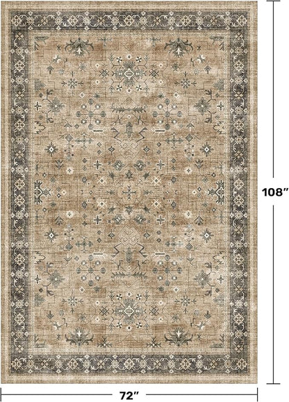 Vintage Taupe Sage 6x9 Rug for Living Room - Washable Dining Room Rugs for Under Table, Low Pile Non-Slip Carpet for Bedroom - Natural Earthy & Boho Eclectic Home Decor