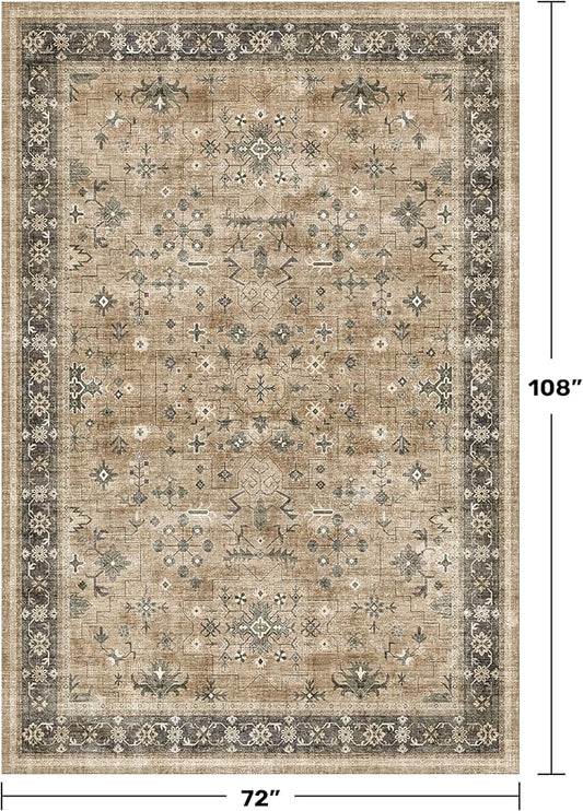 Vintage Taupe Sage 6x9 Rug for Living Room - Washable Dining Room Rugs for Under Table, Low Pile Non-Slip Carpet for Bedroom - Natural Earthy & Boho Eclectic Home Decor