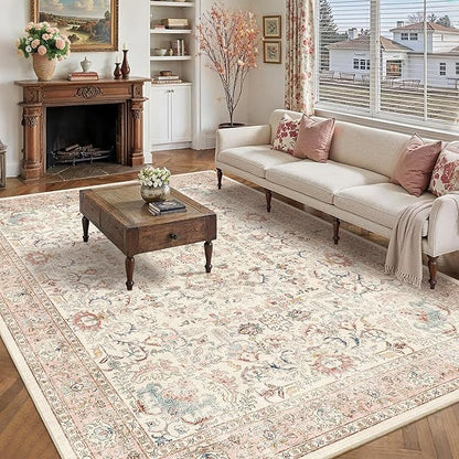 8x10 Pink Washable Area Rugs for Living Room Non Slip Low Pile Vintage Boho Throw Rug Soft Retro Distressed Floral Large Carpet Indoor Farmhouse Decor for Bedroom Dining Room Office Kitchen Playroom