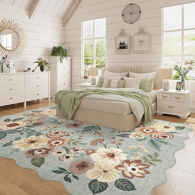 DUKINO 5x7 Area Rug, Floral Washable Rugs for Living Room with Non Slip Backing & Non-Shedding, Lightwight Low Pile Boho Design Large Carpets for Bedroom, Living Room, Dining Room, Sage Green