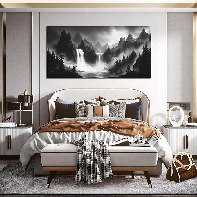 CIRABKY Waterfall Living Room Pictures Wall Decor - Black and White Mountain Wall Art for Bedroom - Large Canvas Wall Art for Office Size 29" x 59"