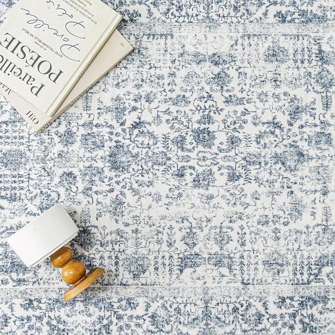 PureCozy Navy Blue Area Rug 6x9 Machine Washable Vintage Living Room Distressed Non Slip Carpet Traditional Indoor Bedroom Retro Floral Accent Throw Large Rug for Office Kitchen Dining Room
