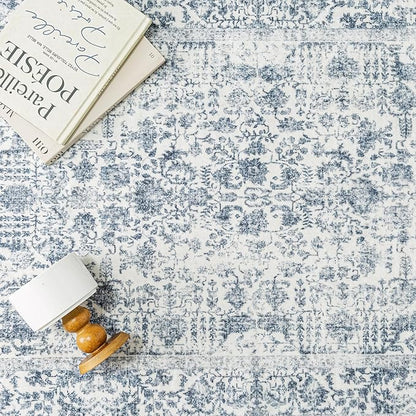 PureCozy Navy Blue Area Rug 5x7 Machine Washable Vintage Living Room Distressed Non Slip Carpet Traditional Indoor Bedroom Retro Floral Accent Throw Large Rug for Office Kitchen Bathroom Dining Room