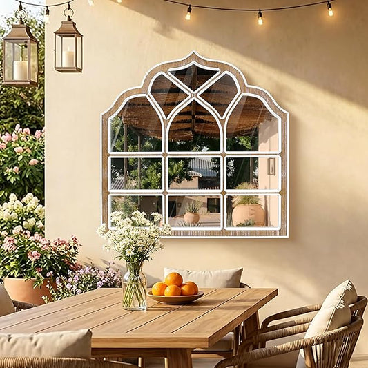 36x36 Inch Window Pane Wall Mirror, Farmhouse Gothic Arched Mirror, Rustic Decorative Cathedral Mirror for Living Room Entryway Home Decor