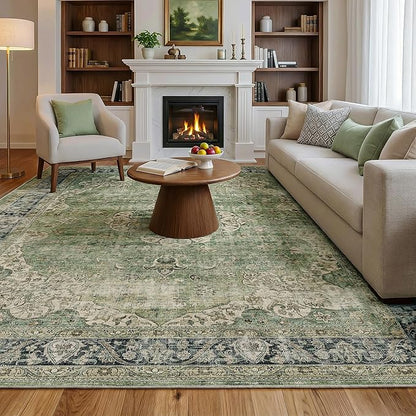 FMFUNCTEX 6x9 Green Washable Area Rug Vintage Distressed Oriental Non Slip Low Pile Neutral Indoor Carpet for Living Room Bedroom Soft Retro Floral Thin Large Rug for Dining Nursery Office Dorm