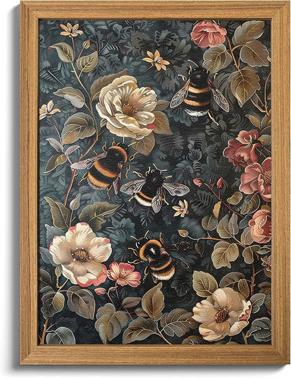 Framed 3D Textured Vintage Wall Art - Dark Academia Bumble Bee Hand Drawn Sandstone Paintings with Botanical Florals, Aesthetic Wall Decor for Living Room Bedroom Home 24x36 inch