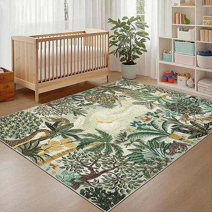 GarveeHome 4x6 Washable Area Rug for Kids Room, Jungle Animal Soft Bedroom Rug Non Slip Low Pile Small Carpet Stain Resistant Green Throw Rug for Bedside Playroom Office Dining Room