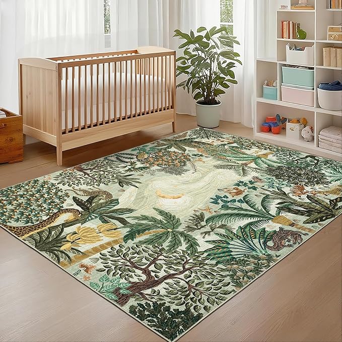 GarveeHome 5x7 Jungle Area Rug Washable Rugs for Living Room Bedroom, Soft Low Pile Non Slip Accent Floor Mat Animal Print Green Throw Rug Indoor Carpet Dining Room Playroom