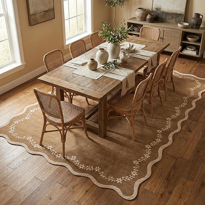 GarveeHome Scalloped Area Rugs 8x10 for Living Room, Solid Brown Large Washable Rug Soft Non Slip Backing Floor Mat Carpet Indoor Thin Rug for Bedroom Dining Room Playroom Nursery Home Decor
