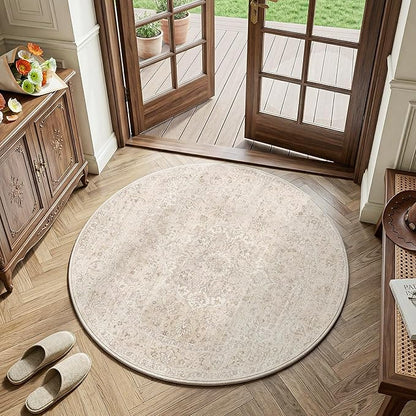 FMFUNCTEX 4ft Round Washable Area Rug Beige Vintage Neutral Oriental Distressed Small Non Slip Carpet for Living Room Bedroom Soft Low Pile Indoor Mat Retro Cream Rug for Dining Room Kitchen Office