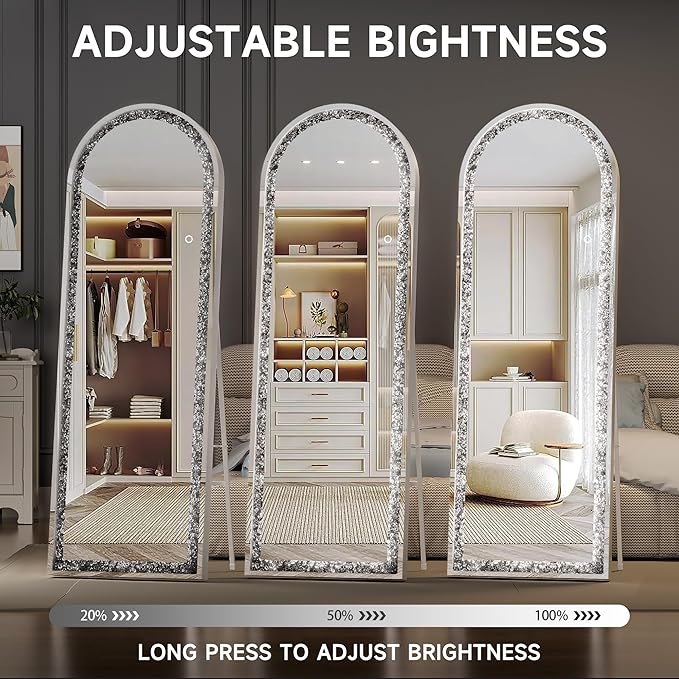 63"×22" Full-Length Mirror with Lights- Arch Crystal Crush Diamond Wall Mounted Hanging Diamond Mirror Leaning for Living Room Bedroom