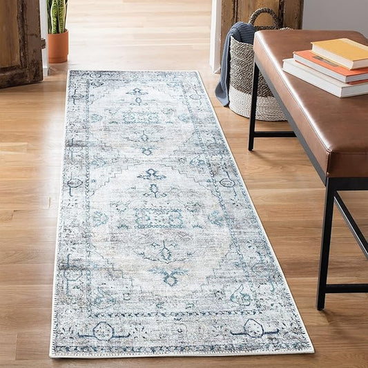 Bloom Rugs Washable Non-Slip 12 ft Runner - Teal/Beige Traditional Runner for Entryway, Hallway, Bathroom, and Kitchen - Exact Size: 2.5' x 12'