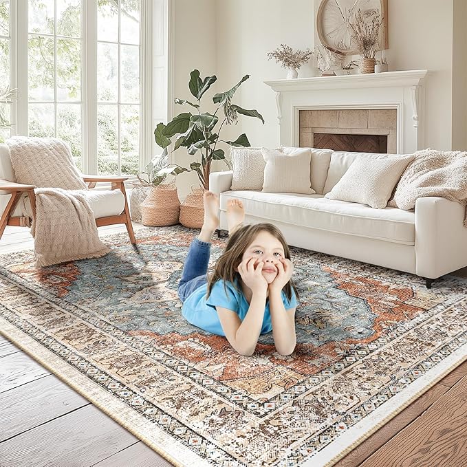 BESTSWEETIE 8x10 Area Rug Washable Rugs for Living Room, No Pile Boho Carpet for Entryway Bedroom Dinning Room, Vintage Carpet Print Distressed Non-Slip, 8 x 10 ft, Green Brick Rust Red
