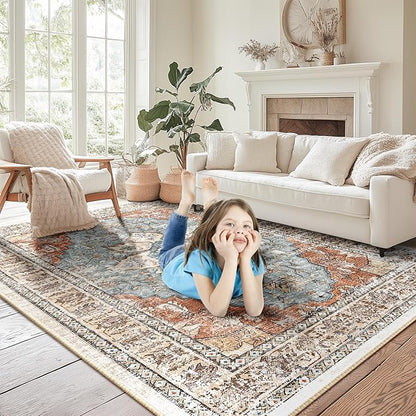 BESTSWEETIE 3x5 Area Rug Washable Rugs for Living Room, No Pile Boho Carpet for Entryway Bedroom Dinning Room, Vintage Carpet Print Distressed Non-Slip, 3 x 5 ft, Green Brick Rust Red