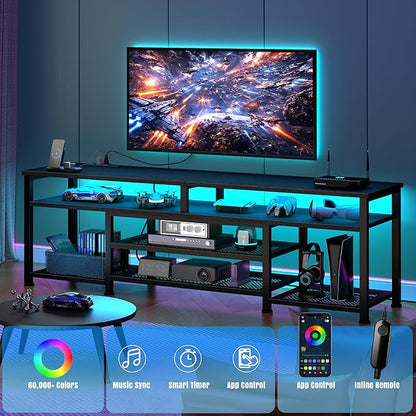 Korfile TV Stand for 65/75/80 inch TV, 71 in Entertainment Center with LED Lights and Power Outlets, TV Console Table with Open Shelves for Living Room and Bedroom, Black