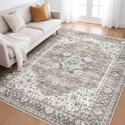 6x9 Area Rug Living Room: Washable Boho Large Neutral Vintage Soft Rugs Stain Resistant Farmhouse Non-Slip Indoor Rustic Floor Carpet for Bedroom Nursery Kids Playroom Office Dining Room- Dark Brown