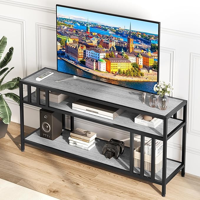 65'' TV Stand for Television up to 75 Inches, Entertainment Center with 3-Tier Open Storage Shelves, TV Media Console Table with Quadruple-Tube Support for Living Room, Grey