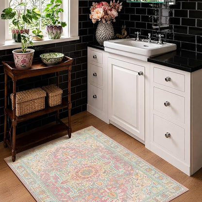 2x3 Washable Small Front Door Pink Orange with Vintage Orient Design, Soft Rug for Entryway or Kitchen, Non-Slip Low Pile Stain Resistance Features, Distressed Medallion Pattern