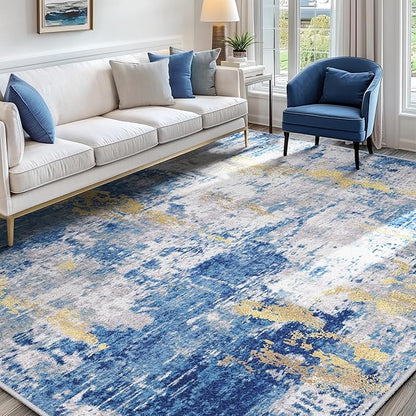 RELEANY Washable Area Rugs 6'x8' Non-Slip Modern Abstract Soft for Living Room Entryway Bedroom Nursery, Print Pattern, Grey Blue Gold/Golden