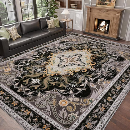 RUSHUFFY 6x9 Washable Area Rugs for Living Room, Non-Slip Boho Vintage Traditional Medallion Print Pattern Carpet for Bedroom Dining Room Farmhouse Nursery Room, Black & Gold