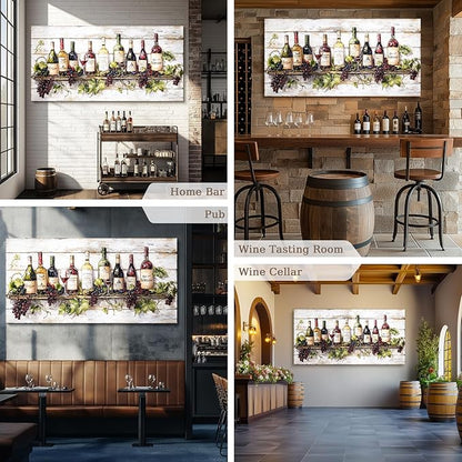 crmotu Still Life Kitchen Wall Art, Wine Bottle Extra Large Artwork, French Country Home Bar Decor Paintings, Modern Home Wall Decor Dining Room Wine Cellar Canvas Art Prints Ready to Hang 29x57inch