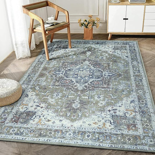 Bloom Rugs Washable Non-Slip 6' x 9' Rug - Green/Blue Traditional Medallion Area Rug for Living Room, Bedroom, Dining Room, and Kitchen - Exact Size: 6' x 9'