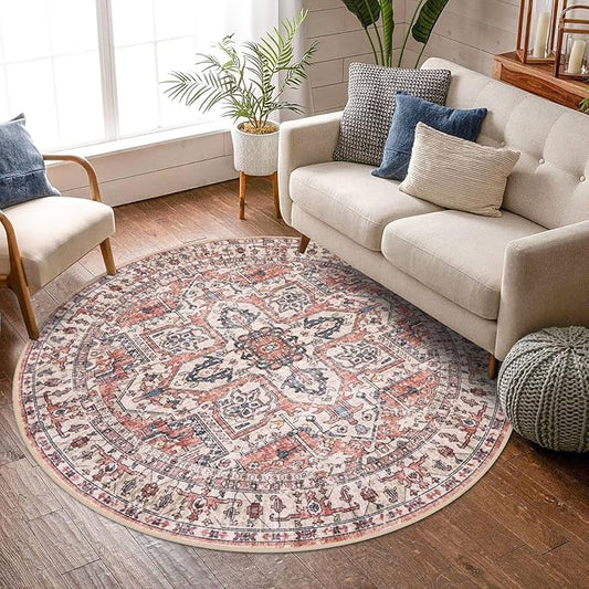 KOZYFLY Round Rug 6 Ft Rugs for Entryway Washable Circle Rug Non Slip Round Living Room Rugs Printed Faux Wool Round Dining Room Floor Carpet Floor Carpet for Entryway, Bedroom, Red Salmon/Pink/Navy