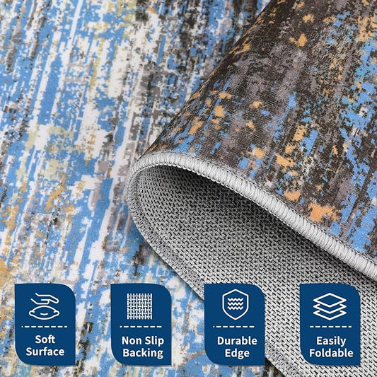 ROYHOME Washable Rug 5x7 Abstract Area Rug for Living Room, Non Slip Foldable Soft Rugs for Bedroom, Stain Resistant Rugs Modern Fuzzy Rug, Indoor Floor Carpet for Entryway Home, Blue/Brown