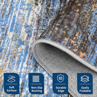 ROYHOME Washable Runner Rug 2x6 Modern Abstract Kitchen Rugs, Non Slip Bathroom Rug, Low Pile Laundry Room Soft Long Carpet for Hallway Bedroom Entryway, Blue/Brown