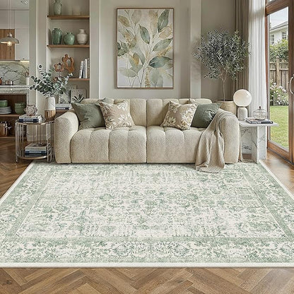 PureCozy Sage Green Area Rug 5x8 Living Room Washable Carpet Vintage Distressed Non Slip Kitchen Carpet Neutral Low Pile Retro Floral Farmhouse Throw Rug for Home Office Bedroom Laundry Dining Room