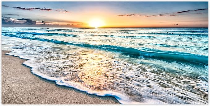 TutuBeer 1 Pcs Beach Wall Art Beach Wall Decor Blue Sea Sunset White Beach Ocean Wall Art Beach Pictures Wall Art Seascape Print on Canvas Ocean Decor Beach Decor for Bedroom Home Decor 12x24 inch