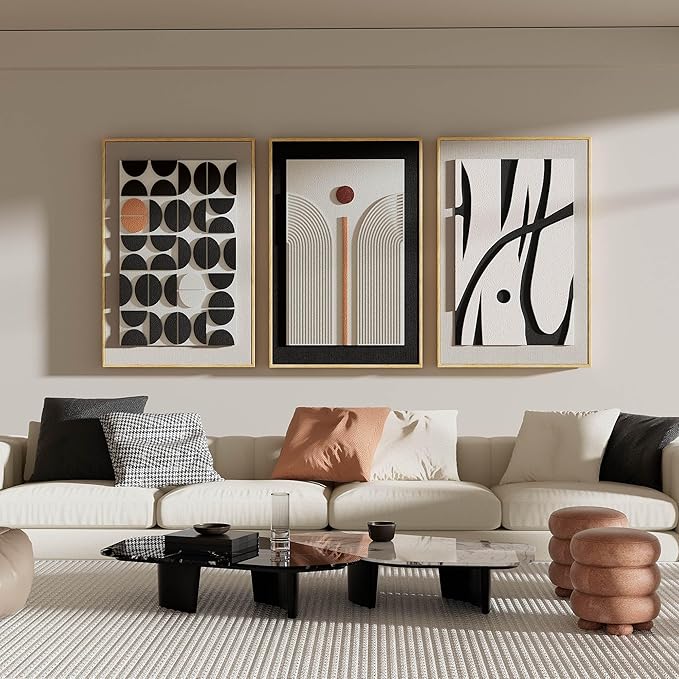 Framed Abstract 3D Textured Wall Art for Living Room, 3 Piece Modern Geometric Artwork for Walls, Boho Black White Texture Pictures for Bedroom Dining Room Office Wall Decor 20x30 In