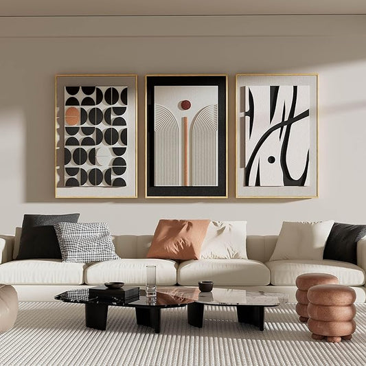 Framed Abstract 3D Textured Wall Art for Living Room, 3 Piece Modern Geometric Artwork for Walls, Boho Black White Texture Pictures for Bedroom Dining Room Office Wall Decor 20x30 In