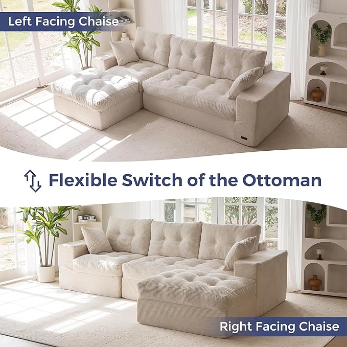 MAXYOYO 104" L Shaped Modular Sectional Sofa with Ottoman, Cloud Boneless Couch with Layered Cushion, Upholstered Sofa Flexible Module Combination for Living Room, No Assembly, Beige