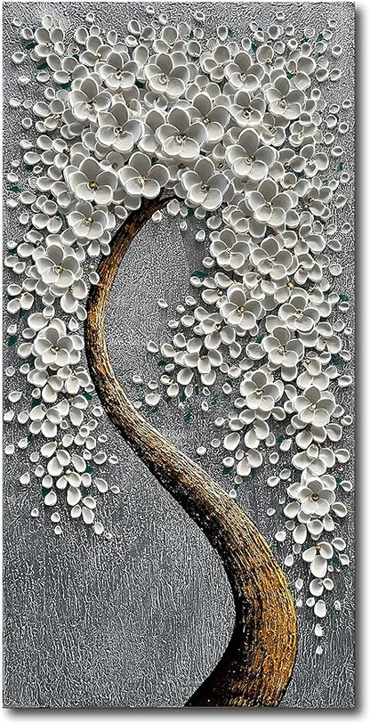 100% Hand-Painted 3D White Vertical Abstract Flower Tree Painting, Canvas Texture Mural, Living Room, Bedroom, Dining Room Mural 24x48 inchs