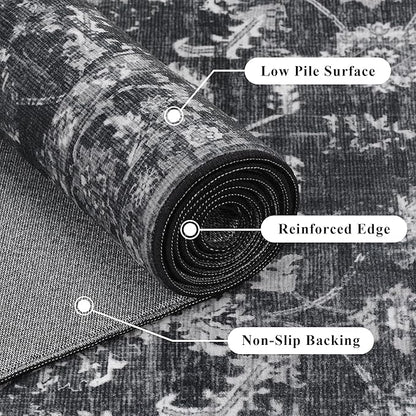 4ft Round Washable Area Rugs for Living Room, Vintage Boho Large Rug for Bedroom Dining Room Office, Distressed Floral Print Carpet for Under Table, Soft Non Slip Low Pile Throw Indoor Mat, Black