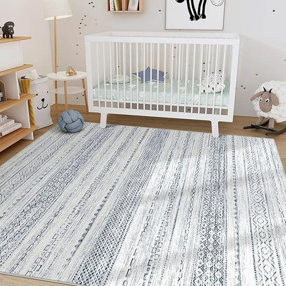 Nakagishi 9x12 Area Rugs Living Room: Washable Boho Large Neutral Soft Farmhouse Rug Stain Resistant Modern Indoor Floor Non-Slip Carpet for Bedroom Nursery Kids Playroom Office Dining Dorm-White Blue