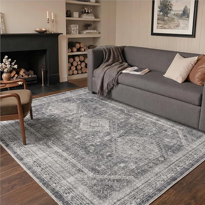 GENIMO 3x5 Area Rugs for Living Room, Machine Washable Non Slip Rugs, Low Pile Lightweight Print Rug for Bedroom, Dining Room, Home Office, Vintage Grey