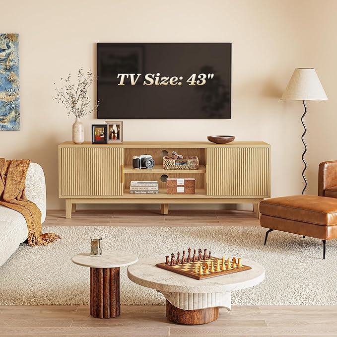 PRAISUN 54 Inch TV Stand for 50, 55 Inch TV, Fluted Entertainment Center with 2 Cabinets, TV Consoles for Living Room, 3-Level Adjustable Shelf, 4 Cable Holes, Meida Console, Natural