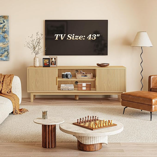 PRAISUN 54 Inch TV Stand for 50, 55 Inch TV, Fluted Entertainment Center with 2 Cabinets, TV Consoles for Living Room, 3-Level Adjustable Shelf, 4 Cable Holes, Meida Console, Natural