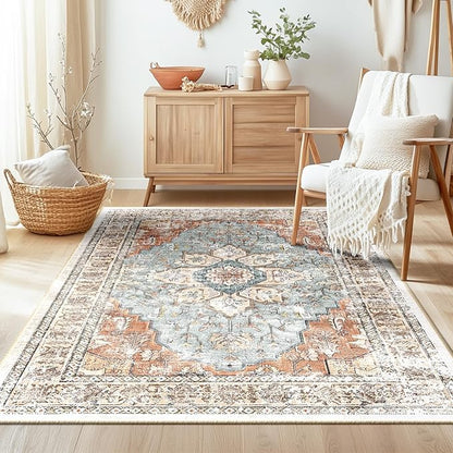 BESTSWEETIE 4x6 Area Rug Washable Rugs for Living Room, No Pile Boho Carpet for Entryway Bedroom Dinning Room, Vintage Carpet Print Distressed Non-Slip, 4 x 6 ft, Green Brick Rust Red