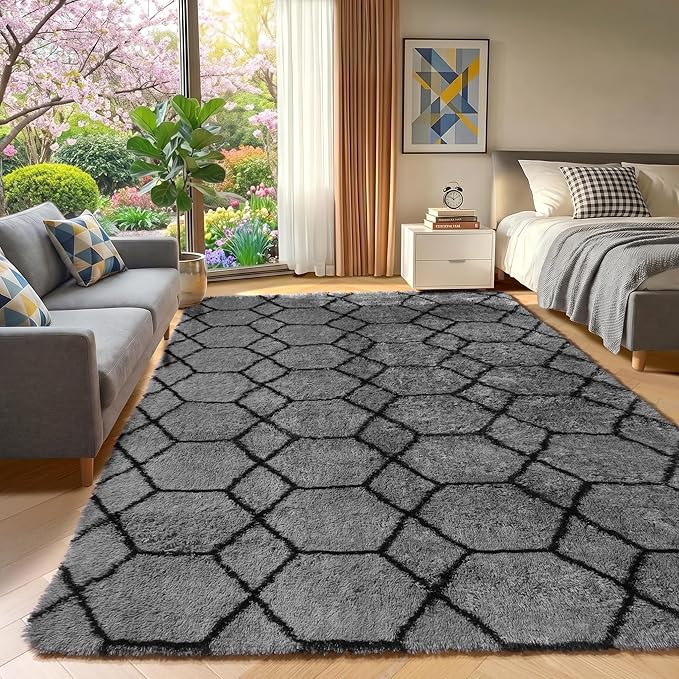 ONASAR 8x10 Area Rugs for Living Room, Fluffy Grey and Black Bedroom Rug, Geometric Boho Large Soft Plush Shaggy Fuzzy Floor Carpet for Nursery Kids Classroom Playroom Dorm Home Decor