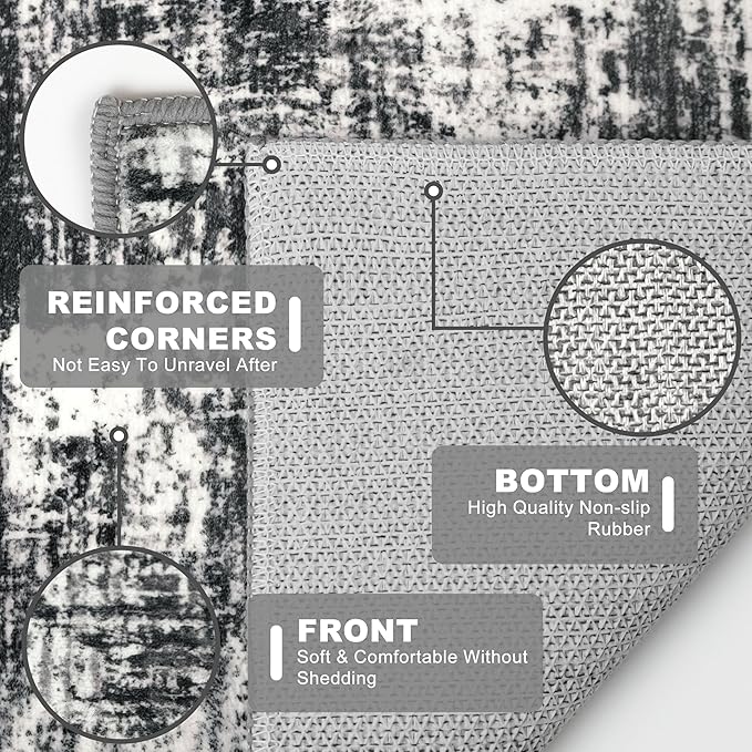 KILOCOCO Modern Abstract Runner Rug 2x6 ft Washable Hallway Runner Rug Non Slip Soft Pinted Kitchen Runners for Hallways Entryway Bedside Laundry Room Floor Runners, Black/Grey