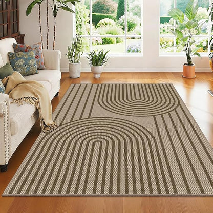 Easy Jute Area Rug, 4' x 6' Washable Rug, Brown Farmhouse Ultra-Thin Non-Slip Carpet for Outdoor, Bedroom, Dining Room, Backyard, Home Decor
