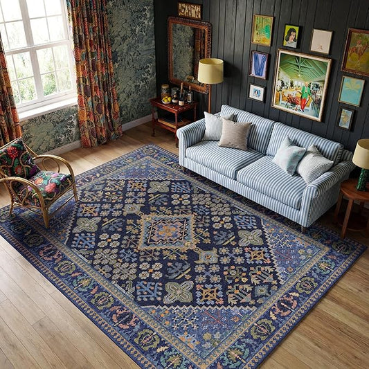Kokia 9x12 Area Rugs for Living Room, Machine Washable Low Pile Rug, Non Slip Backing Boho Rugs for Bedroom, Printed Soft Vintage Carpet Navy Blue Green 9 x 12